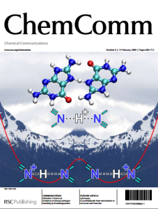 ChemComm journal cover featuring the 8-aminoguanine nucleobase structure showing enhanced self-pairing hydrogen bonds (N–H···N dashed lines) compared to guanine, set against a mountain and lake landscape