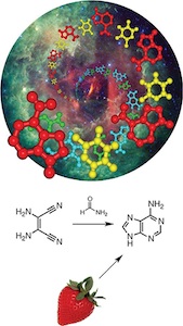 Artistic scientific illustration showing nucleobase molecular structures, upper half, transforming via formaldehyde into adenine, with a strawberry below symbolizing the prebiotic chemistry connection
