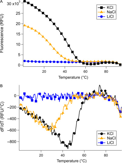 Figure 2 from 'methods for thermal denaturation'. A graphic showing fluorescence data of broccoli aptamer melting in different salts (top), and the first derivative of the same (bottom)