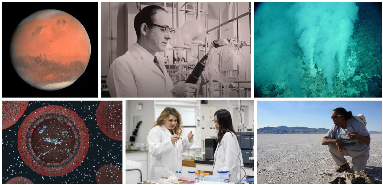 Figure 1 from 'Astrobiology on habitable worlds'. Clockwise from upper left: True-color image of Mars captured by the OSIRIS camera instrument on the Rosetta spacecraft in 2007; Miller-Urey spark discharge experiment (photo credit: WGBH); hydrothermal white smoker, Champagne Vent, near NW summit of Eifuku Seamount (photo credit: NOAA); Astrobiologist K. Lynch of the Lunar Planetary Institute performing field studies in the Pilot Valley Basin, Utah, a planetary analog site (credit: Kennda Lynch); Irena Mamajanov & Yuki Suna, of the Earth-Life Science Institute, Tokyo, Japan, conduct prebiotic chemistry laboratory experiments (credit: Nerissa Escanlar); schematic illustration of an RNA world in protocells (credit: Janet Iwasa, U. Utah).