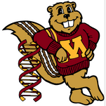 A cartoon image of the Goldy Gopher mascot leaning on a DNA strand